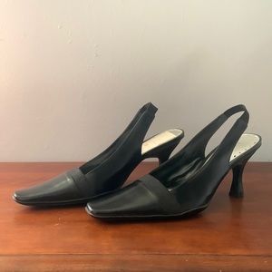 BCB GIRLS GENUINE black quality leather sling back mid heels Sz 7 1/2 Never worn